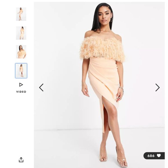 ASOS DESIGN off shoulder pencil wrap tuck feather midi dress in peach - M/Size 8 - Picture 3 of 5